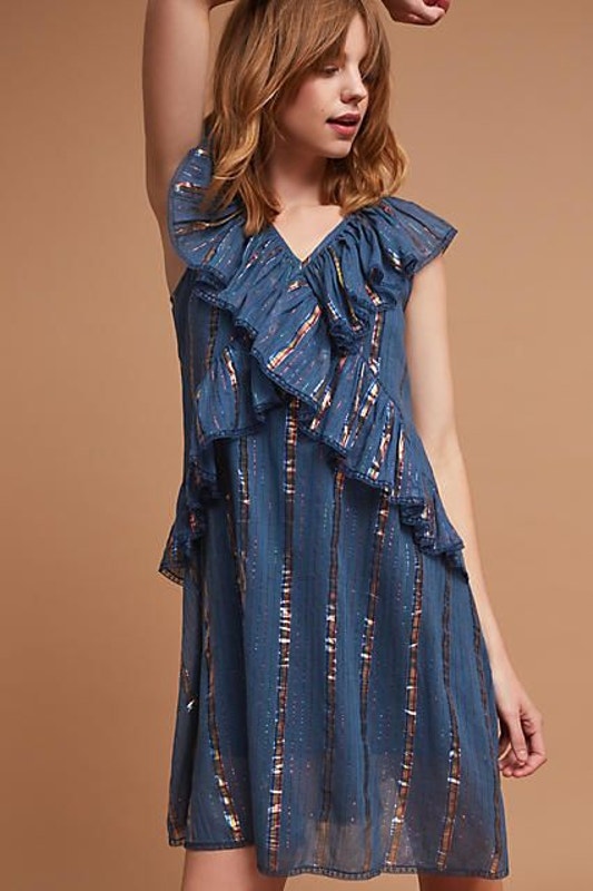 Tryb 212 Metallic Lurex Blue Ruffle Dress